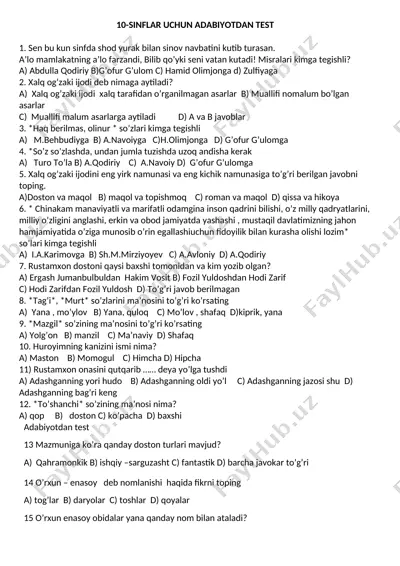 10-sinflar uchun adabiyotdan test — DOCX