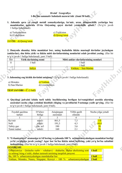 geografiya sinov bo'limi savollari — DOCX