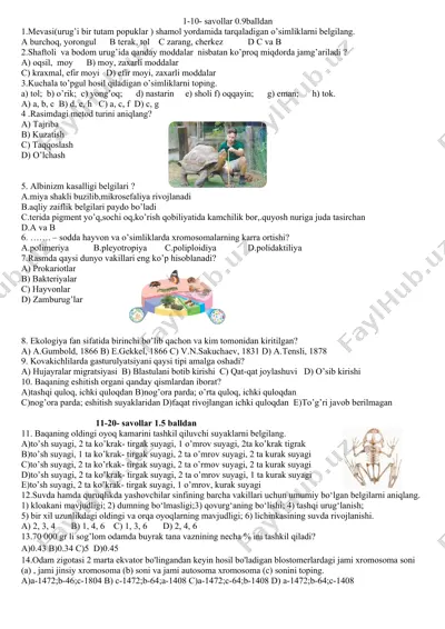 biologiya sinovlar savollari — DOCX