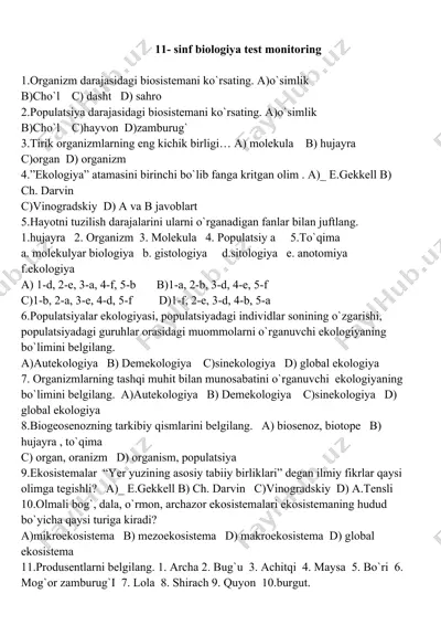 11-sinf biologiya test monitoring — DOCX