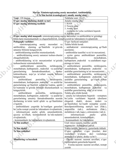 ximioterapiyaning asosiy mezonlari. antibiotiklar. — DOCX