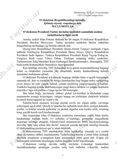 o‘zbekiston respublikasi prezidenti turkiy davlatlar tashkiloti sammitida muhim tashabbuslarni ilgari surdi — DOCX