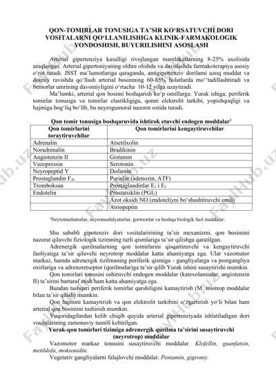 qon-tomirlar tonusiga ta’sir ko‘rsatuvchi dori vositalarni qo‘llanilishiga klinik-farmakologik yondoshish, buyurilishini asoslash — DOCX