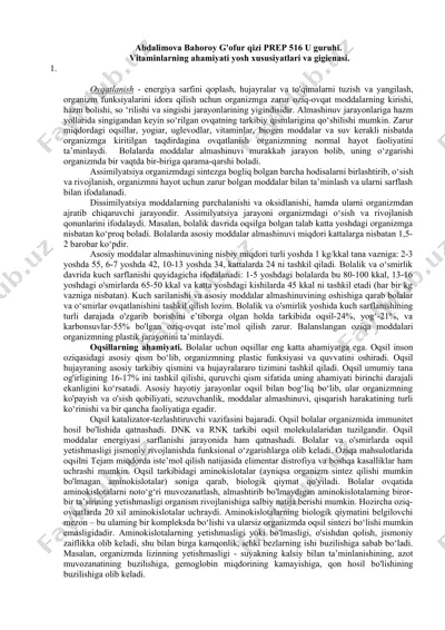 ovqatlanish - energiya sarfini qoplash, hujayralar va to'qimalarni tuzish va yangilash, organizm funksiyalarini idora qilish uchun organizmga zarur oziq-ovqat moddalarning kirishi, hazm bolishi, so ‘rilishi va singishi jarayonlarining yigindisidir. — DOCX