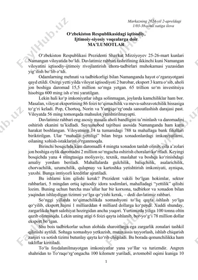 o‘zbekiston respublikasi prezidenti shavkat mirziyoyevning namangan viloyatidagi bo‘lishi haqida ma’lumotlar — DOCX