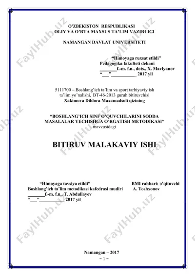 boshlang’ich sif o’quvchilarini sodda masalalar yechishga o’rgatish metodikasi — DOCX
