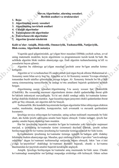 algoritm tushunchasi va xossalari — DOCX