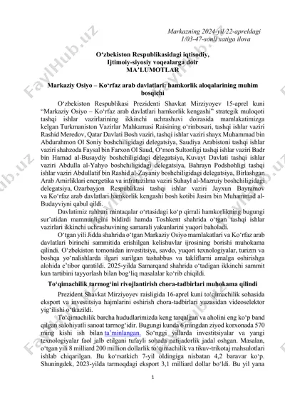 markaziy osiyo – ko‘rfaz arab davlatlari: hamkorlik aloqalarining muhim bosqichi — DOCX
