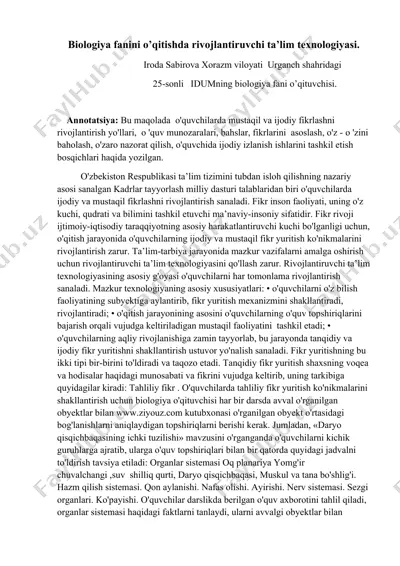 biologiya fanini o’qitishda rivojlantiruvchi ta’lim texnologiyasi — DOCX