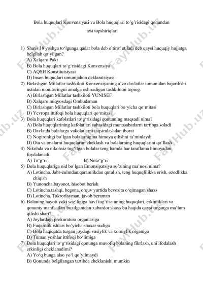 bola huquqlari konvensiyasi va bola huquqlari to’g’risidagi qonundan test topshiriqlari — DOCX