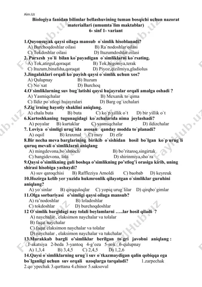 biologiya fanidan bilimlar bellashuvining tuman bosqichi uchun nazorat materiallari (umumta`lim maktablar) — DOCX