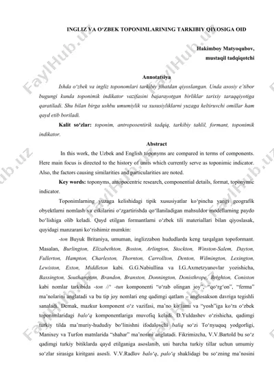 ingliz va oʻzbek toponimlarining tarkibiy qiyosiga oid — DOCX