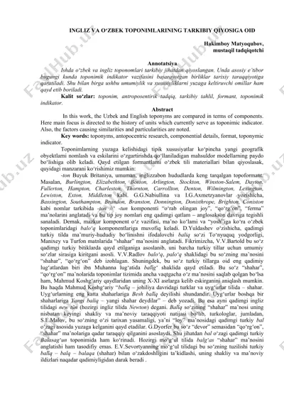 ingliz va oʻzbek toponimlarining tarkibiy qiyosiga oid — DOCX