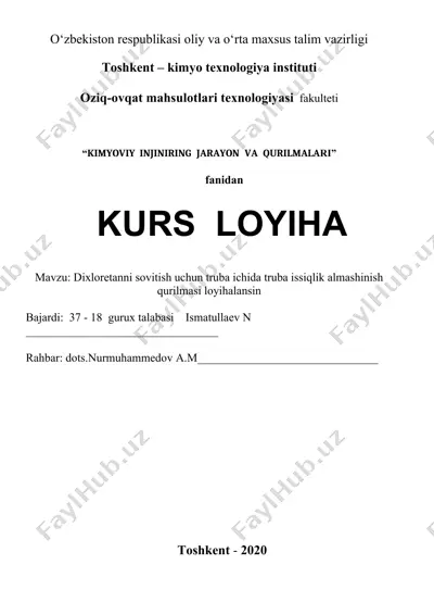 kimyoviy injiniring jarayon va qurilmalari kurs loyihasi — DOCX