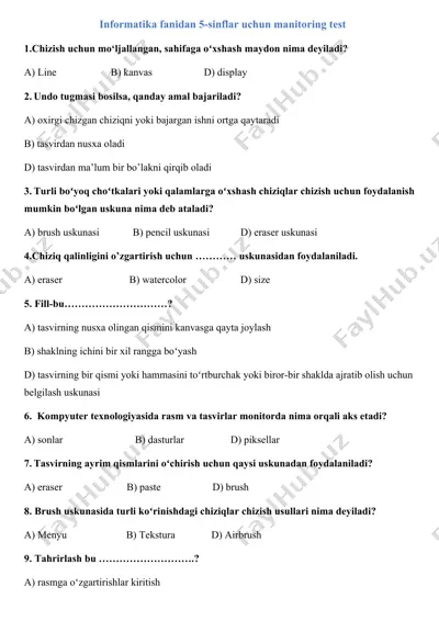 informatika fanidan 5-sinflar uchun manitoring test — DOCX