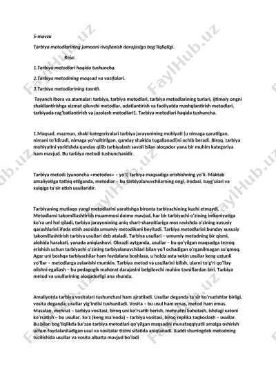 tarbiya metodlarining jamoani rivojlanish darajasiga bogʻliqliqligi — DOCX