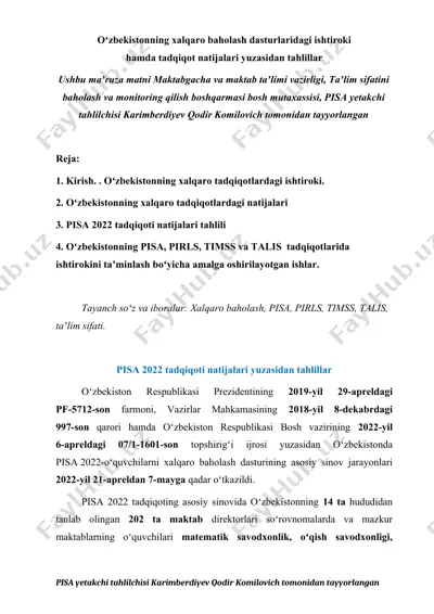 oʻzbekistonning xalqaro baholash dasturlaridagi ishtiroki hamda tadqiqot natijalari yuzasidan tahlillar — DOCX
