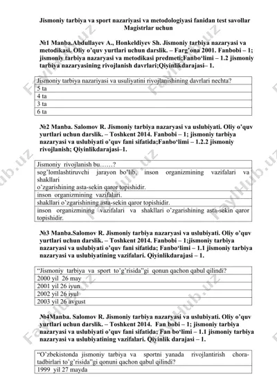 jismoniy tarbiya va sport nazariyasi va metodologiyasi fanidan test savollar — DOCX