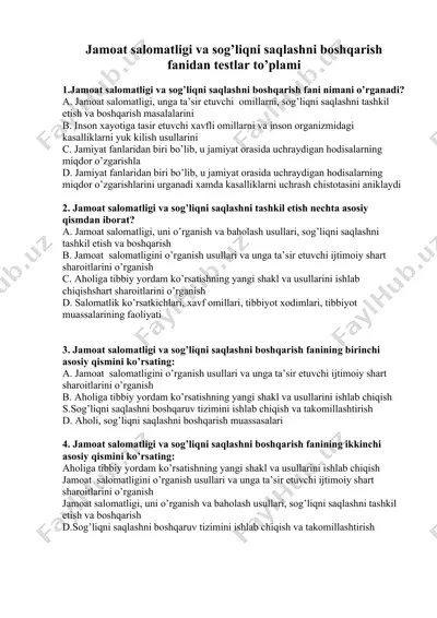 jamoat salomatligi va sog’liqni saqlashni boshqarish fanidan testlar to’plami — DOCX