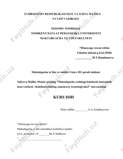 "maktabgacha yoshdagi bolalarda matematik tasavvurlarni shakllantirishning zamonaviy texnologiyalari" — DOCX
