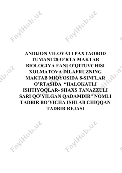 "halokatli ishtiyoqlar- shaxs tanazzuli sari qo’yilgan qadamdir" tadbirdagi konkurs rejasi — DOCX