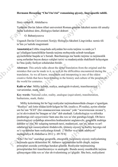 hermann hessening “cho’l bo’risi” romanining qiyosiy, lingvopoetik tahlili — DOCX