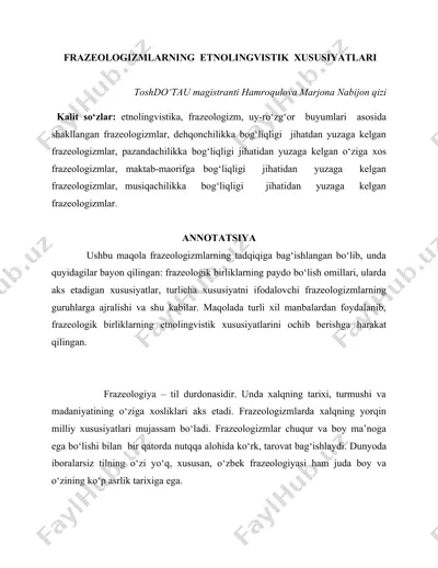 frazeologizmlarning etnolingvistik xususiyatlari — DOCX