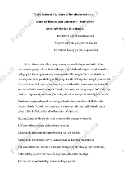 tabiiy fanlarni o’qitishda ta’lim sifatini oshirish uchun innovatsion texnologiyalardan foydalanish — DOCX
