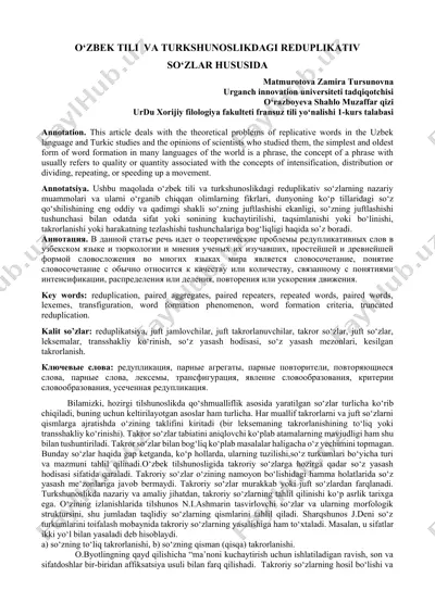 o‘zbek tili va turkshunoslikdagi reduplikativ so‘zlar hususida — DOCX