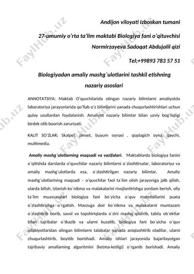 biologiyadan amaliy mashg`ulotlarini tashkil etishning nazariy asoslari — DOCX