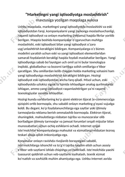 "marketingni yangi iqtisodiyotga moslashtirish" maqolasining xulosasi — DOCX