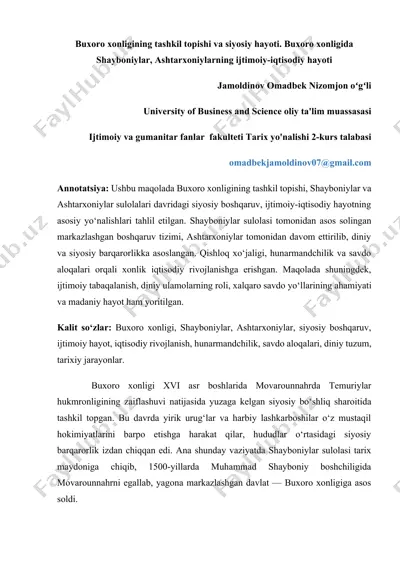buxoro xonligining tashkil topishi va siyosiy hayoti — DOCX