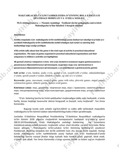 o'yinning bola faoliyati sifatidagi mohiyati va o'ziga xosligi — DOCX