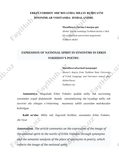 erkin vohidov she’riyatida milliy ruhiyatni sinonimlar vositasida ifodalash — DOCX