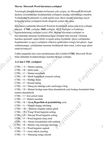 microsoft word klaviatura yorliqlari — DOCX