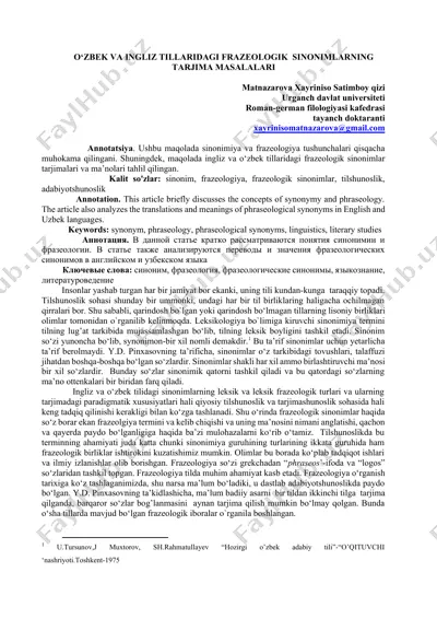 o‘zbek va ingliz tillaridagi frazeologik sinonimlarning tarjima masalalari — DOCX