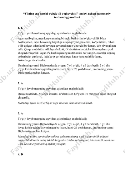 "yilning eng yaxshi oʻzbek tili oʻqituvchisi" tanlovi uchun namunaviy testlarning javoblari — DOCX