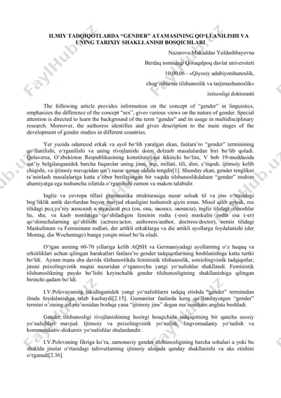 ilmiy tadqiqotlarda “gender” atamasining qo‘llanilishi va uning tarixiy shakllanish bosqichlari — DOCX