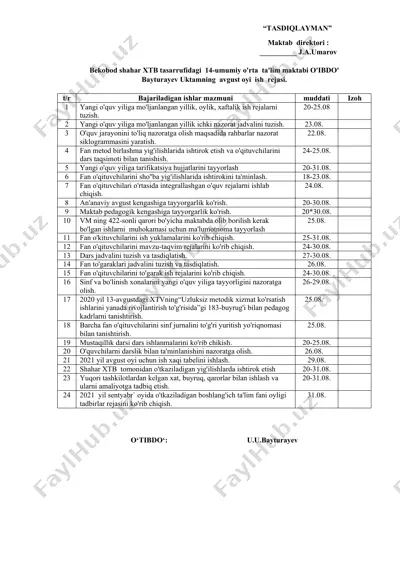 bayturayev uktamning  avgust oyi  ish  rejasi. — DOCX