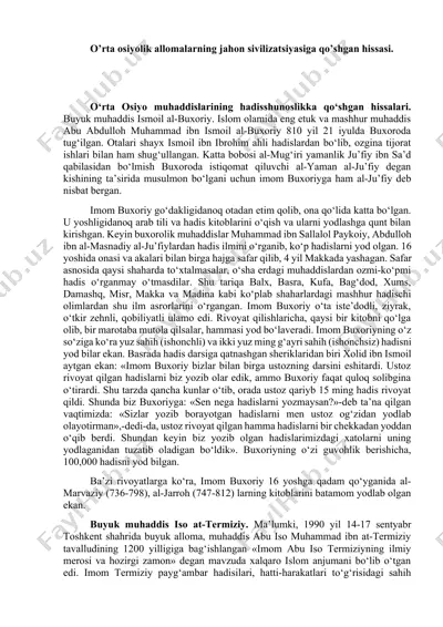 o'rta osiyolik allomalarning jahon sivilizatsiyasiga qo'shgan hissasi — DOCX