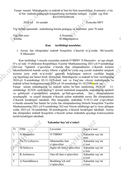asosiy fan olimpiadasi maktab bosqichini o‘tkazish to‘g‘risida ma'ruzachi — DOCX
