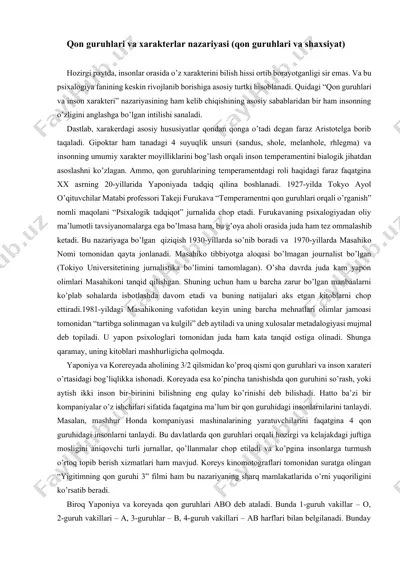 qon guruhlari va xarakterlar nazariyasi (qon guruhlari va shaxsiyat) — DOCX