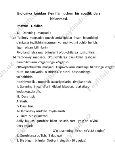 biologiya fanidan 9-sinflar uchun bir soatlik lipidlar darsi — DOCX