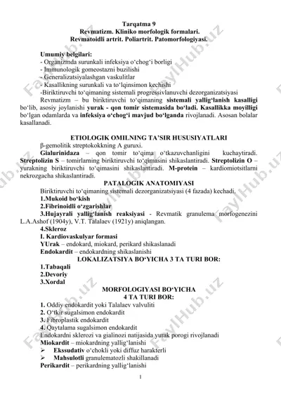 revmatizm. kliniko morfologik formalari. revmatoidli artrit. poliartrit. patomorfologiyasi. — DOCX