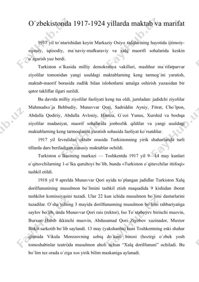 o`zbekistonda 1917-1924 yillarda maktab va marifat — DOC