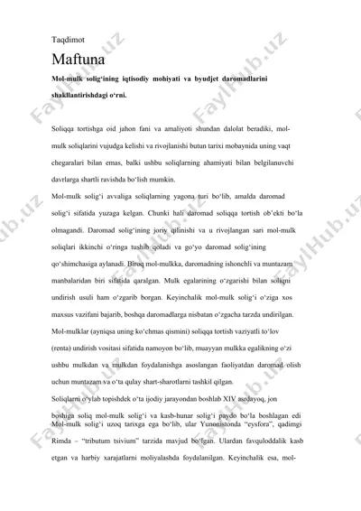 mol-mulk soliqlarining iqtisodiy mohiyati va byudjet daromadlarini shakllantirish — DOCX