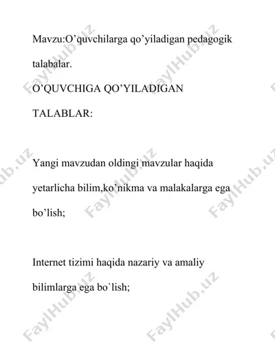 o’quvchilarga qo’yiladigan pedagogik talabalar — DOCX