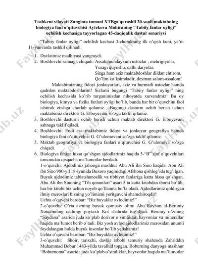 "tabiiy fanlar oyligi" ochilish kechasiga tayyorlagan 45-daqiqalik dastur senariysi — DOCX