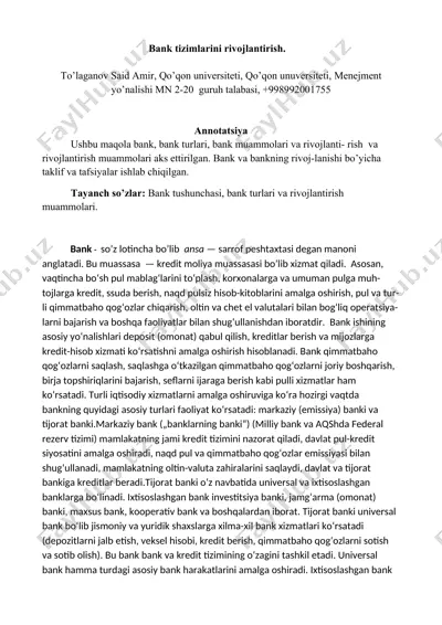 bank tizimlarini rivojlantirish — DOCX