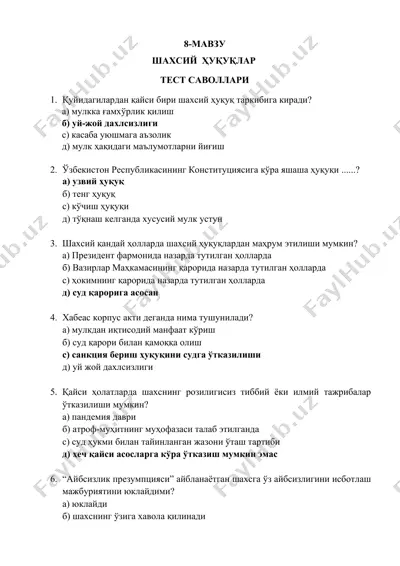 шахсий ҳуқуқлар тест саволлари — DOCX